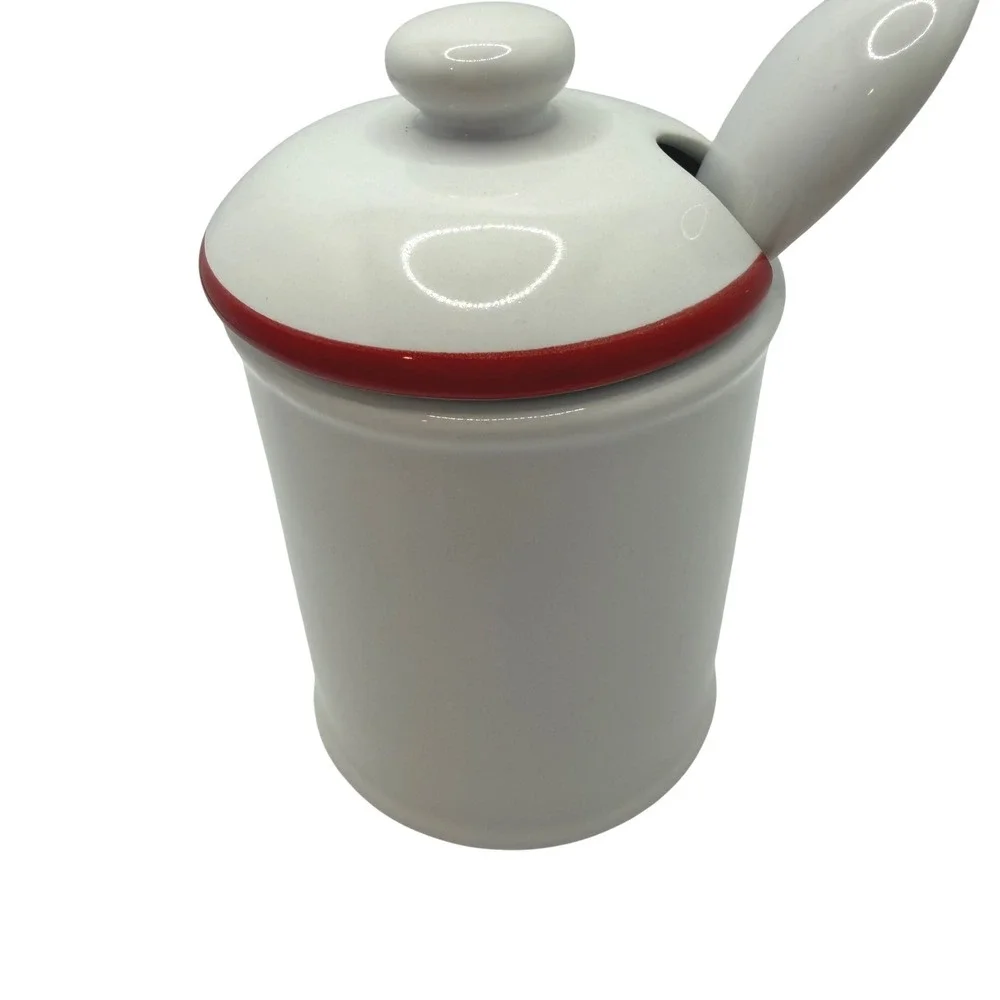 Pottery Barn White Ceramic Condiment Jar with Red Rim Spoon and Chalkboard Label